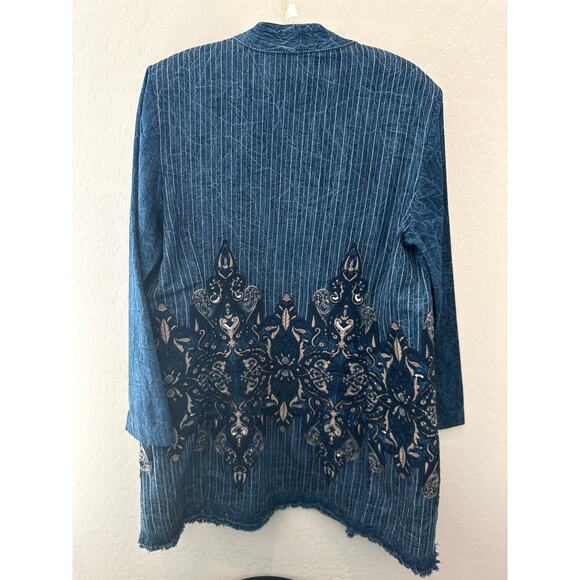 CHICO’S | Blue Boho Embroidered Open Front Jacket | Size 1 Medium - Picture 6 of 8